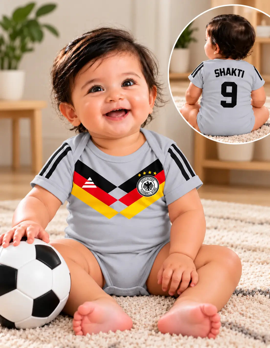 Baby boy soccer romper, light gray with black sleeve stripes and colorful diamond crest