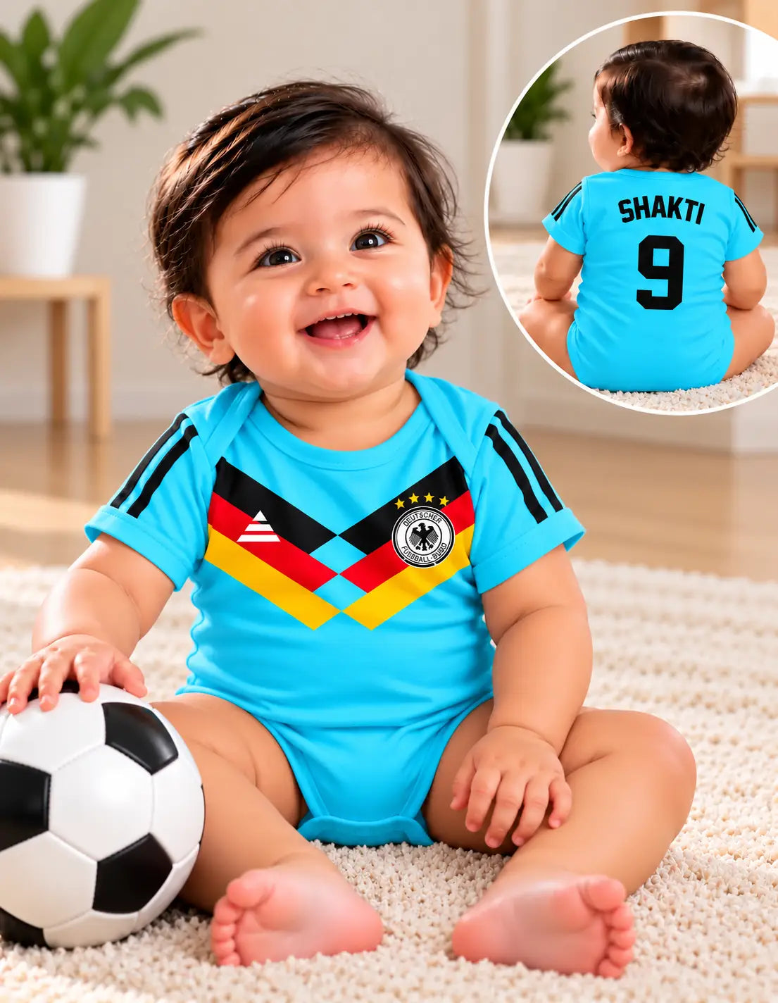 Baby boy soccer romper, sky blue with black sleeve stripes and colorful diamond team crest