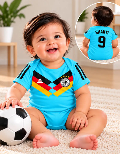 Baby boy soccer romper, sky blue with black sleeve stripes and colorful diamond team crest