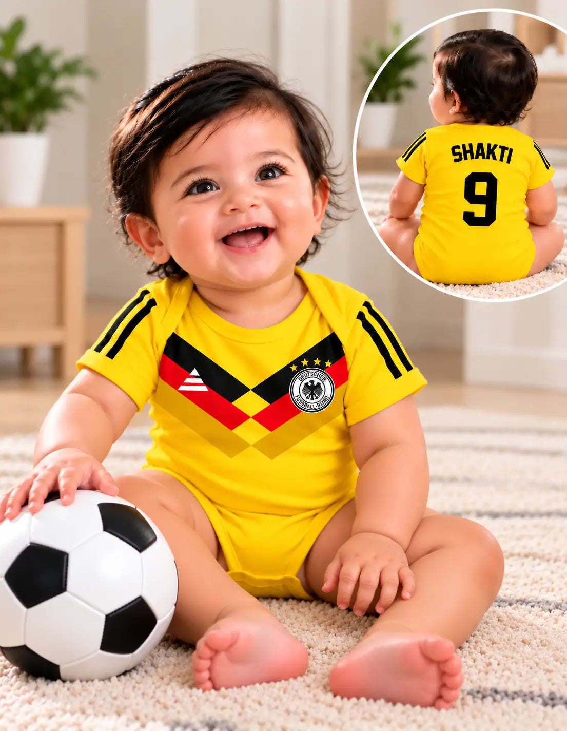 Baby boy soccer romper, bright yellow with black sleeve stripes and colorful diamond crest