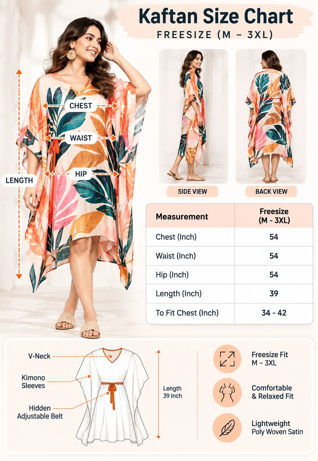 Kaftan size chart infographic showing a woman modeling a floral kaftan dress with chest, waist, and hip measurement callouts, side and back views, a measurement table for freesize M-3XL, and a white line drawing of the dress with labeled features.