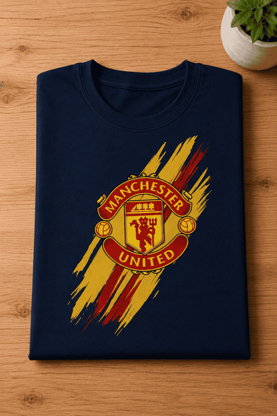 Kids football fan t-shirt for boys in navy blue featuring Manchester United inspired graphic print