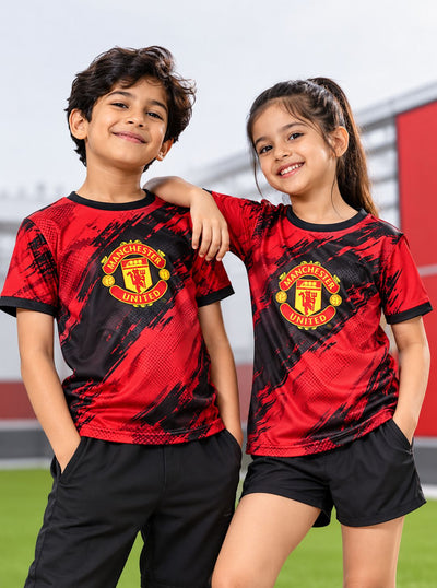 Kids wearing custom AOP sports T-shirts with all-over red and black print