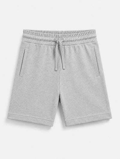 Light gray heathered sweat shorts with an elastic drawstring waist and side pockets, shown flat on a light gray background.