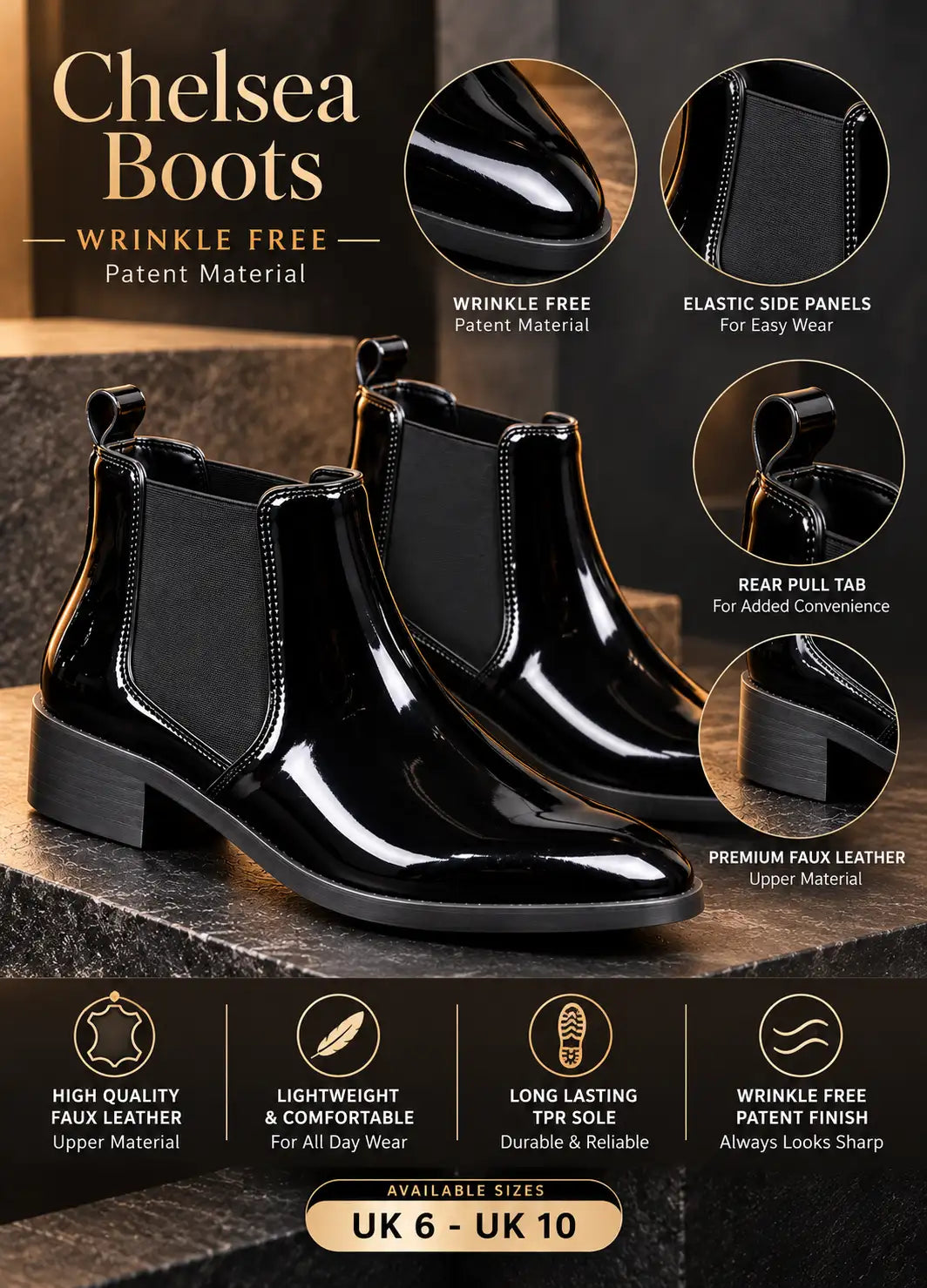 Black patent Chelsea boots with elastic side panels, pull tabs and low block heels