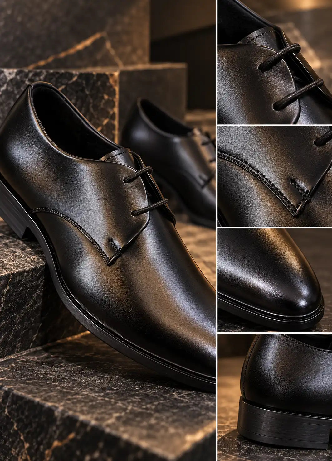 Black faux leather dress shoe with close-ups of laces, stitching, toe, and heel