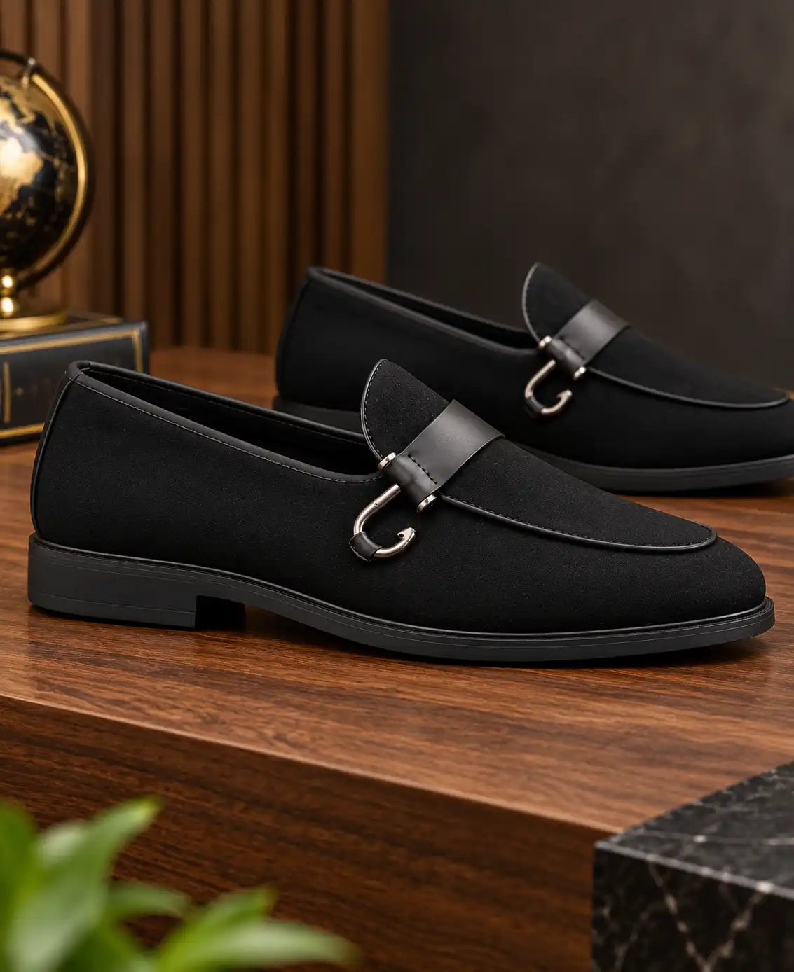 Black suede-finish loafers shown in profile with metal bit straps and low heels
