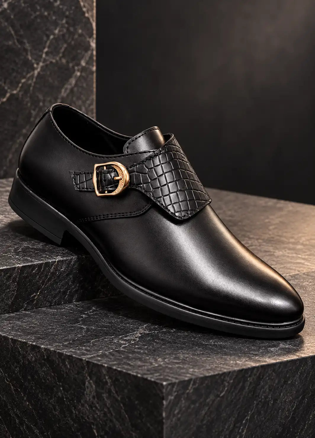 Single black faux leather monk strap shoe with woven panel and gold-tone buckle
