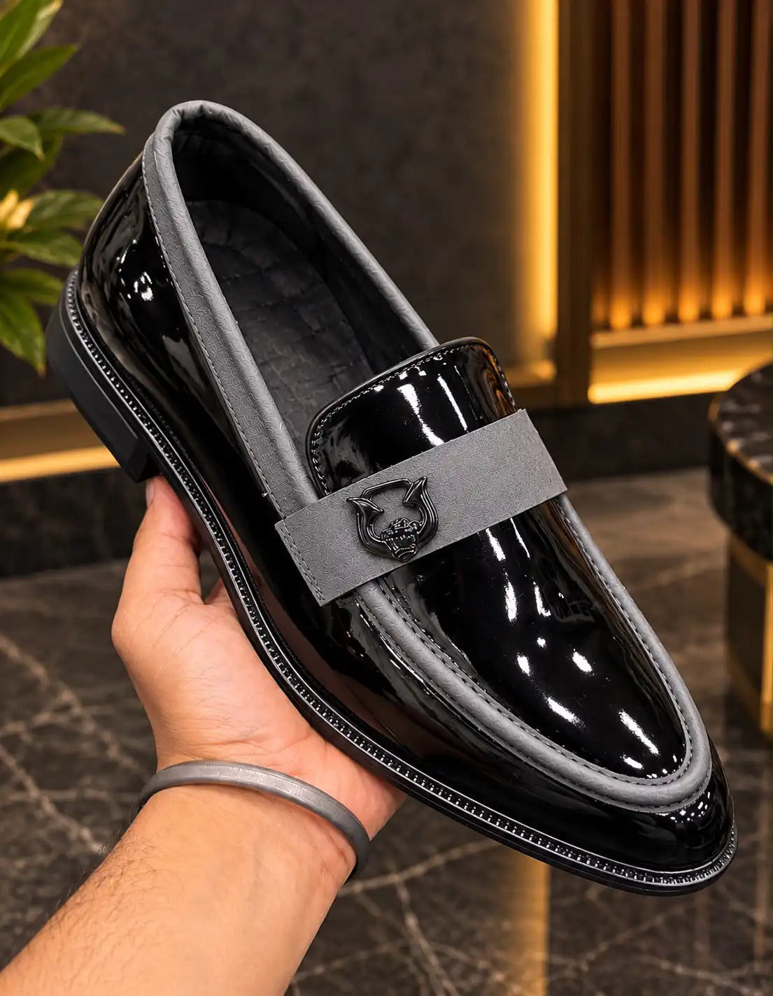 Premium Partywear Patent Black Moccasins for Men – Grey Strap Detail