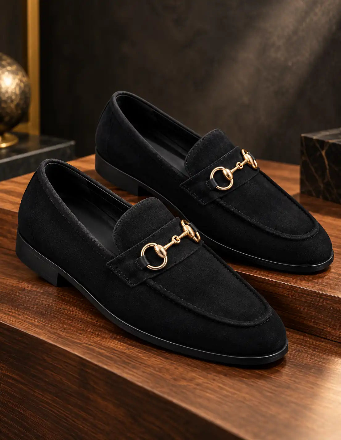 Premium Black Suede-Look Horsebit Moccasins for Men – Gold Metal Detail