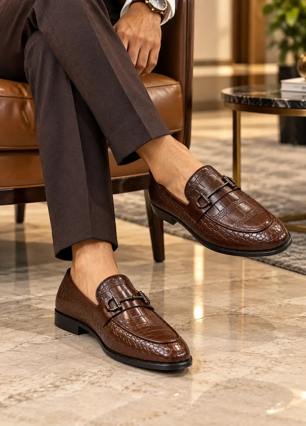 Premium Croc-Texture Loafers for Men – Black & Dark Brown