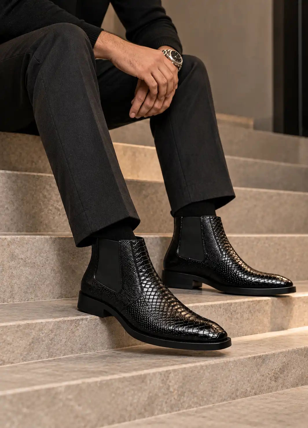 Premium Croc-Texture Chelsea Boots for Men – Black & Dark Brown