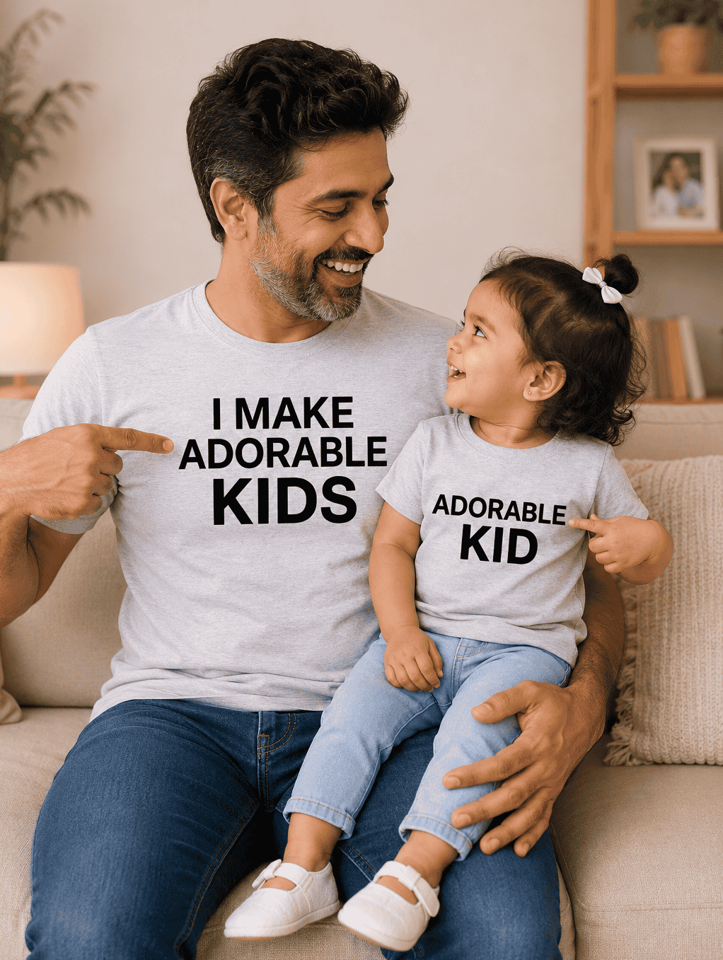 Man and child sitting on a couch wearing matching shirts with text, smiling.