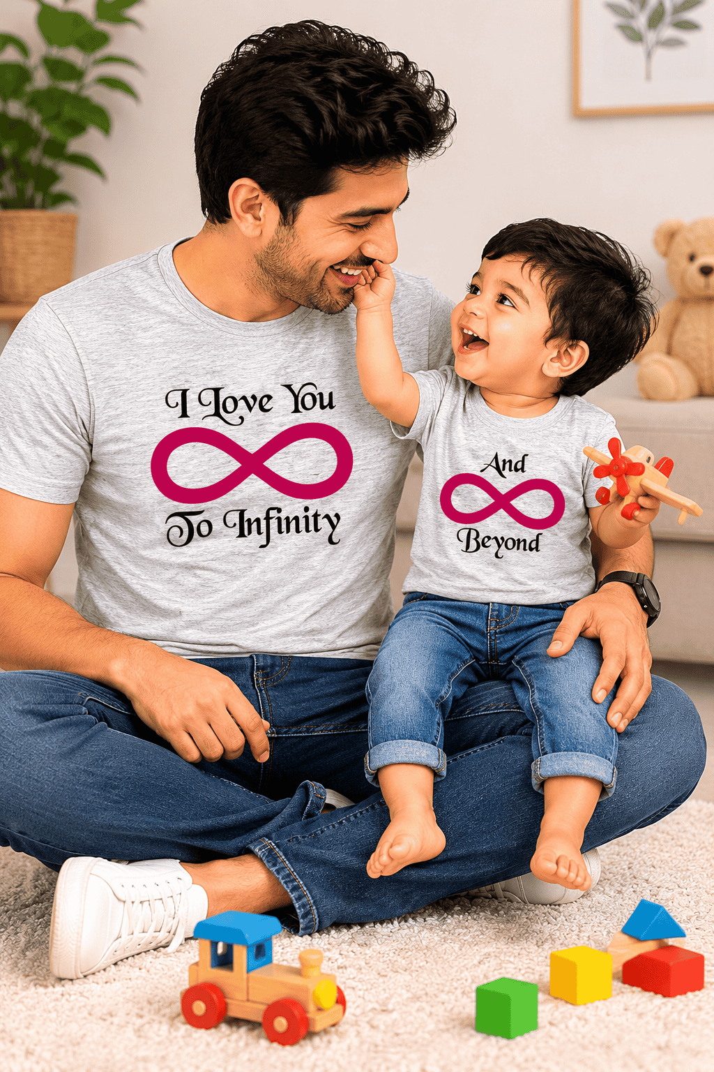 Man and child sitting on the floor with matching shirts featuring infinity symbols and text.