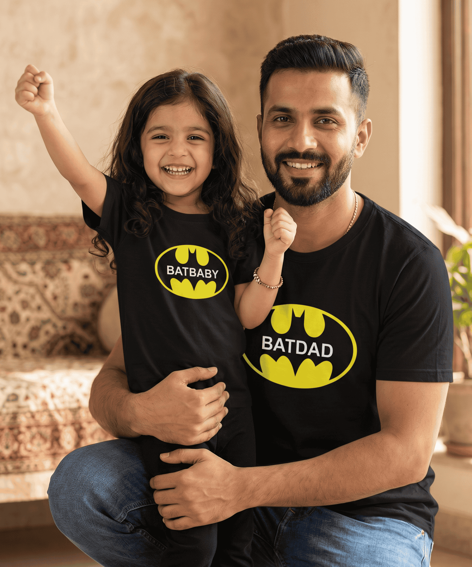Man and child wearing Batman-themed shirts with 'BATDAD' and 'BATBABY' text.