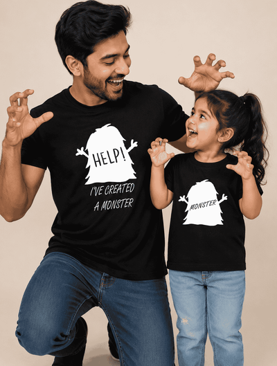 Man and child wearing black t-shirts with ghost and text design on a beige background