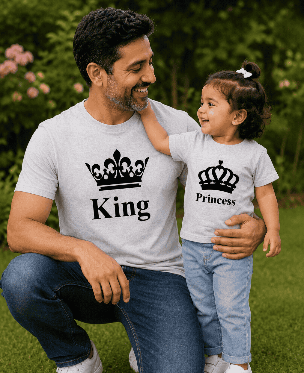 Man and child wearing matching 'King' and 'Princess' shirts outdoors.