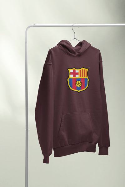 Maroon hoodie with a colorful emblem on a white background