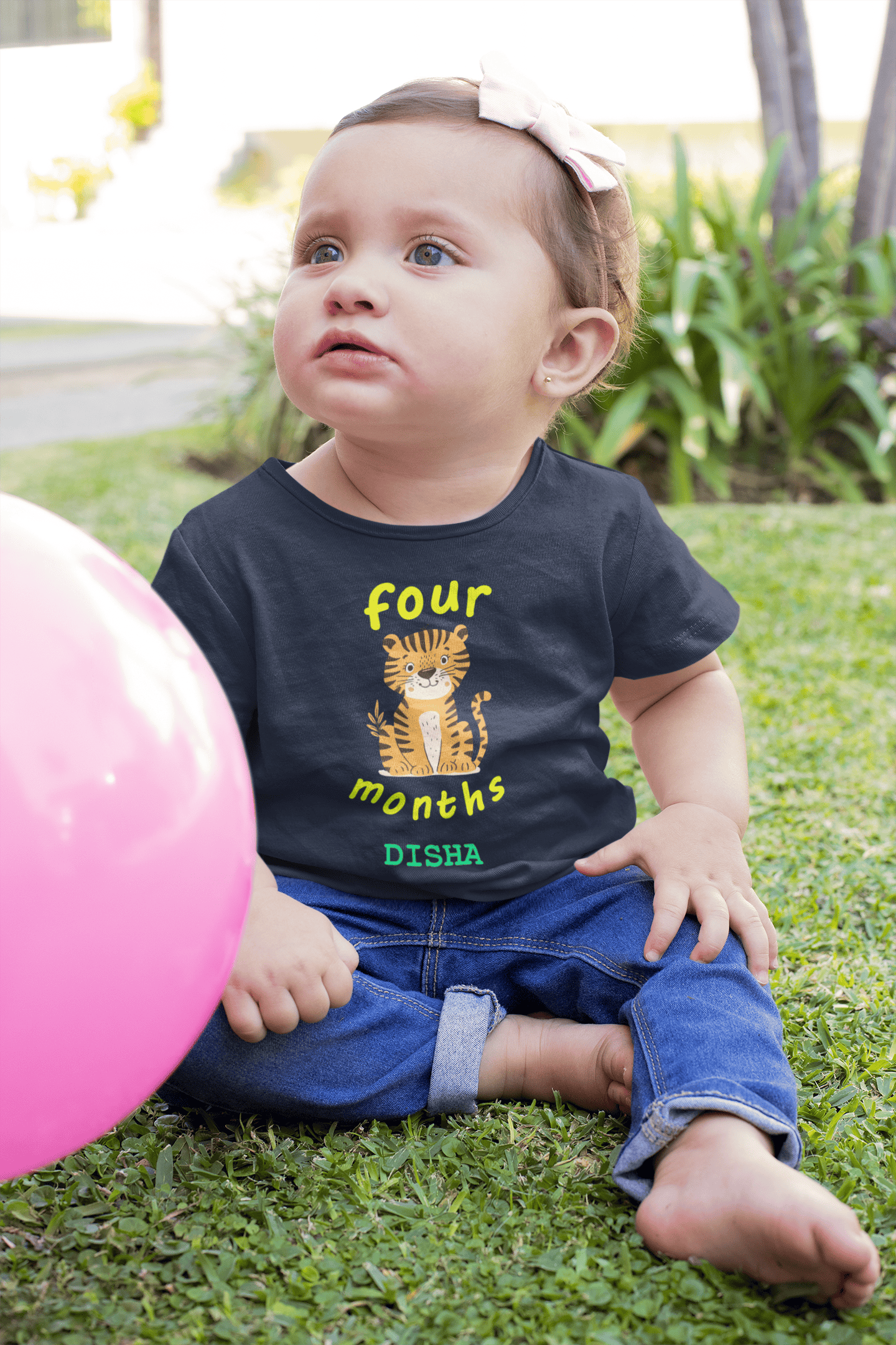 Custom Name Four Month Birthday Half Sleeves T-Shirt For Girls -FunkyTeesClub