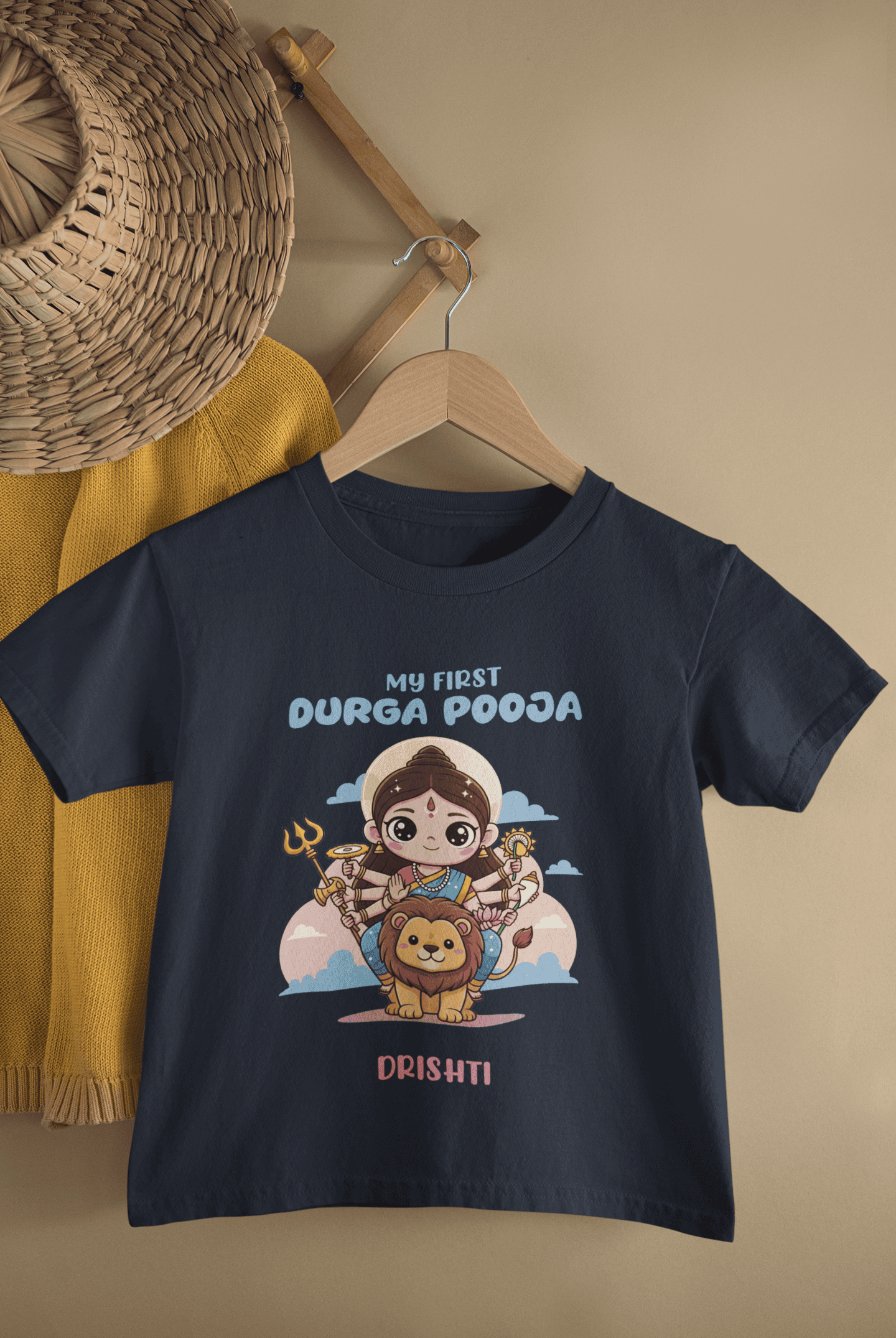 Custom Name My First Durga Pooja Half Sleeves T-Shirt For Girls -FunkyTeesClub