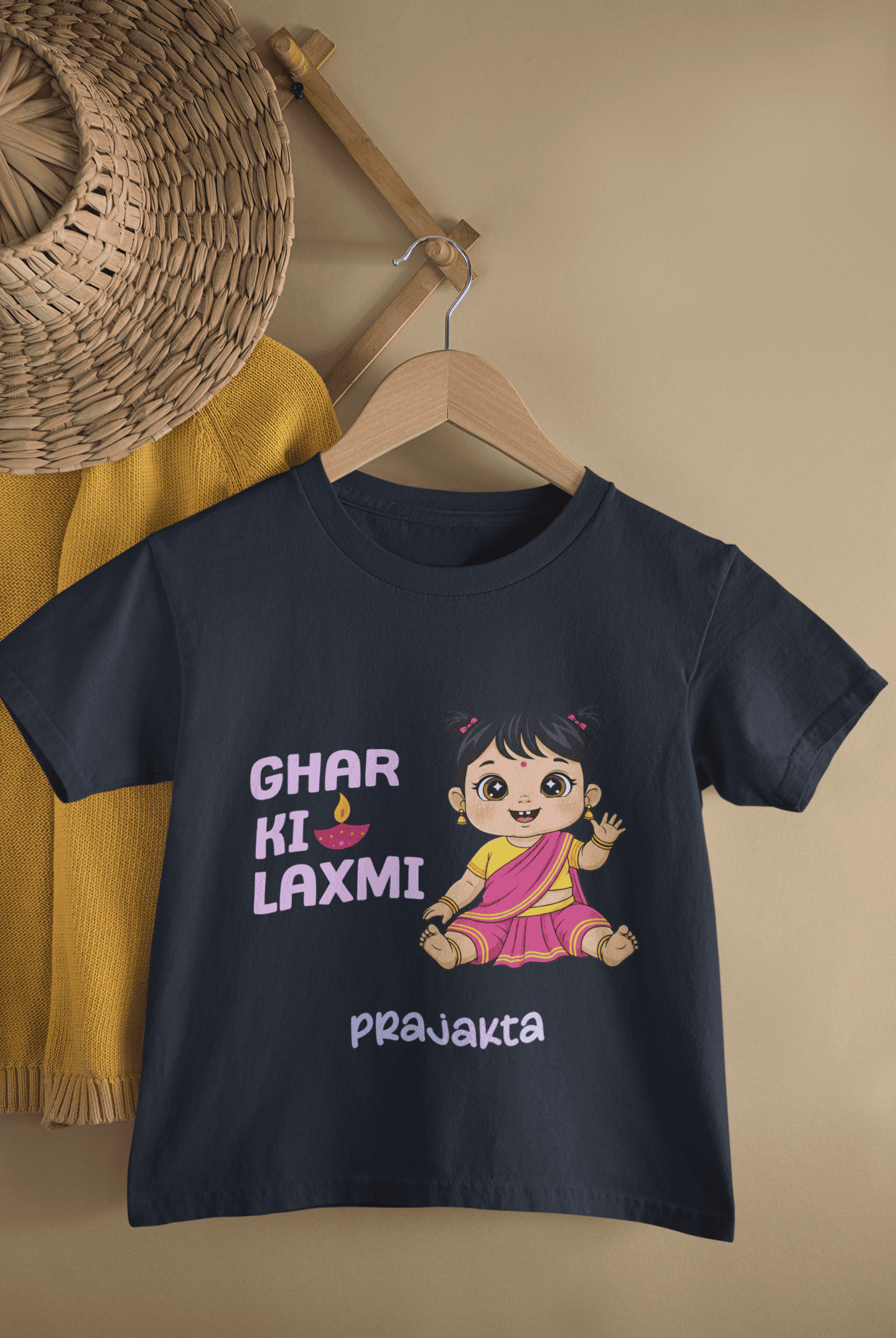 Custom Name Ghar Ki Laxmi Diwali Celebrations Half Sleeves T-Shirt For Girls -FunkyTeesClub
