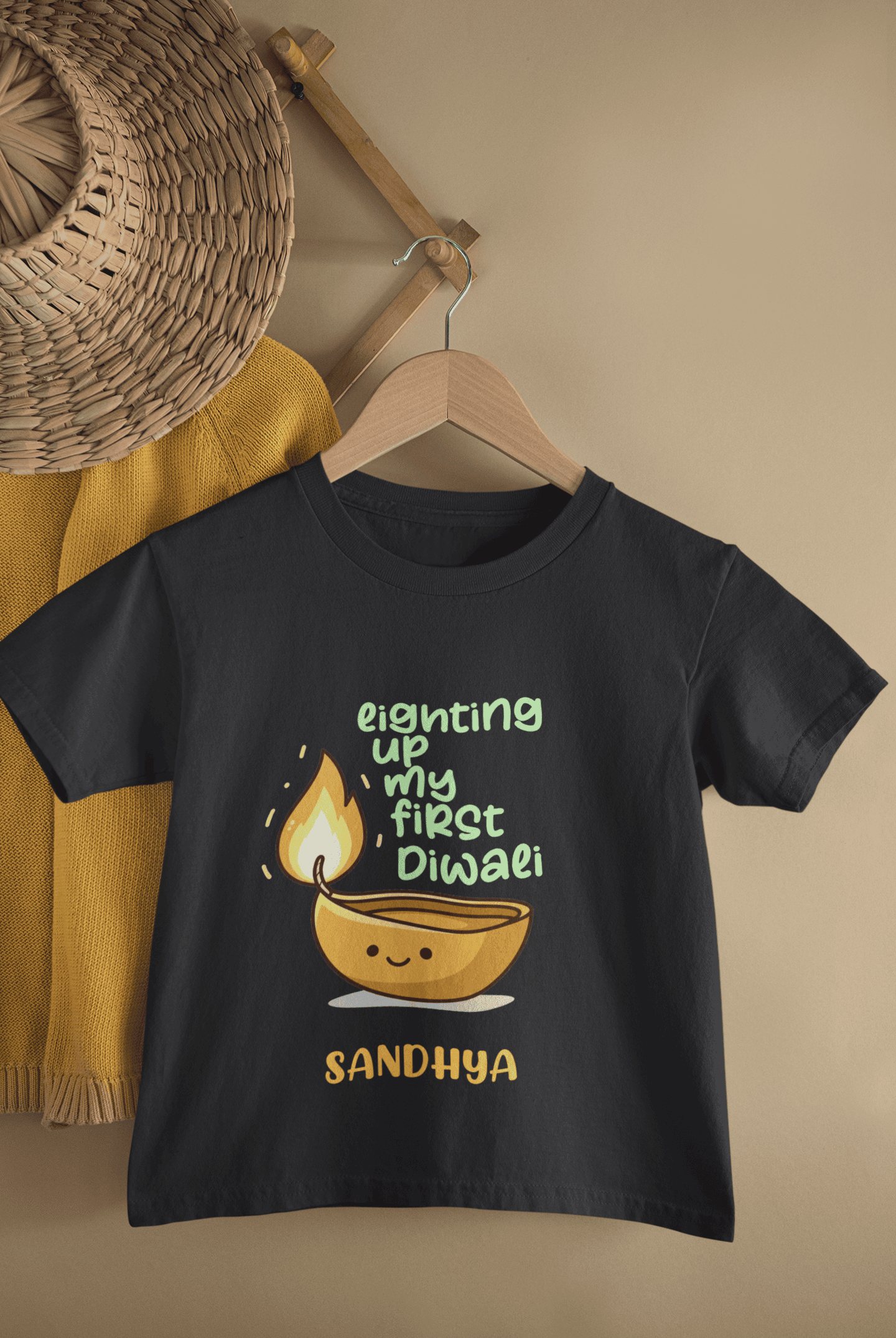 Custom Name Lighting Up My First Diwali Half Sleeves T-Shirt For Girls -FunkyTeesClub
