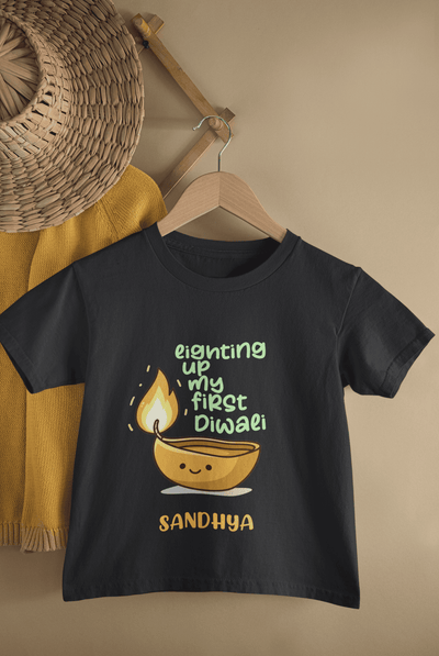 Custom Name Lighting Up My First Diwali Half Sleeves T-Shirt For Girls -FunkyTeesClub