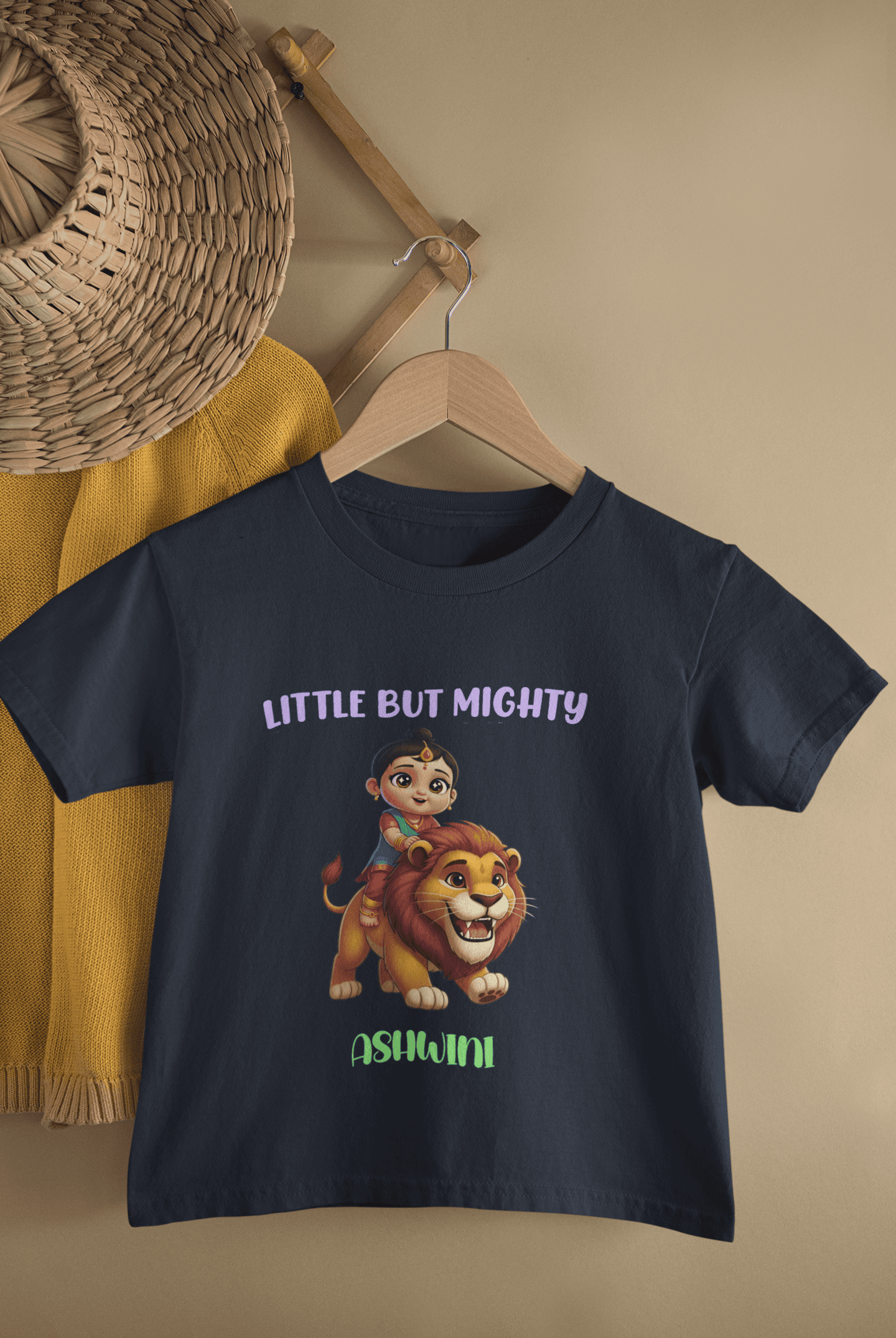 Custom Name Little But Mighty Durga Pooja Half Sleeves T-Shirt For Girls -FunkyTeesClub