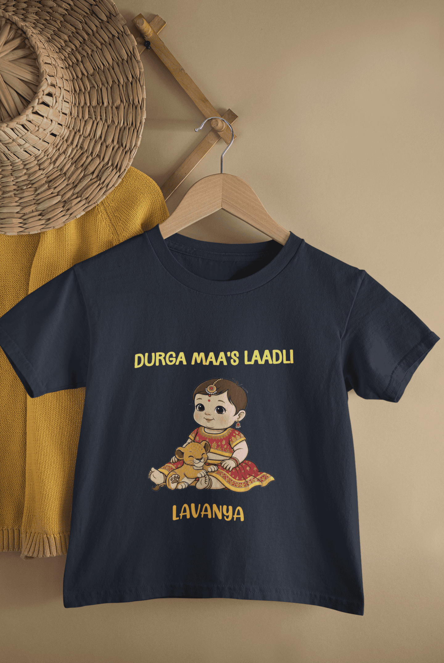 Custom Name Durga Maa's Ladli Navratri Half Sleeves T-Shirt For Girls -FunkyTeesClub