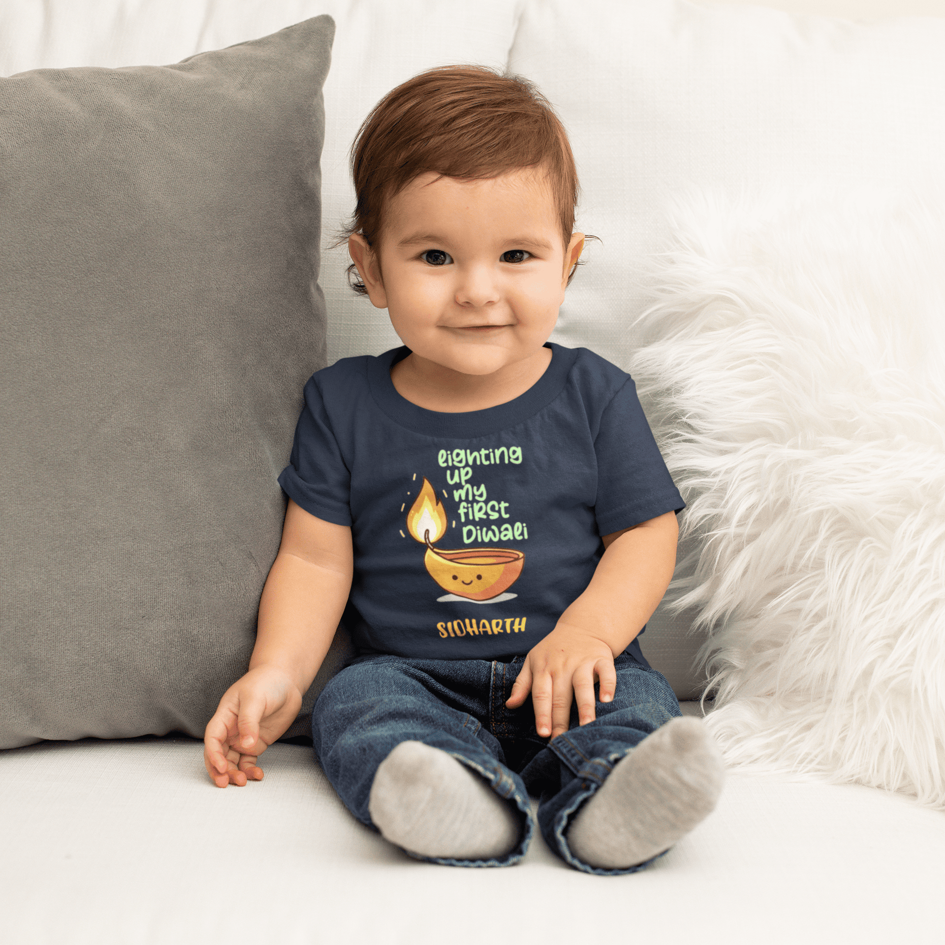 Custom Name Lighting Up My First Diwali Half Sleeves T-Shirt for Boys -FunkyTeesClub