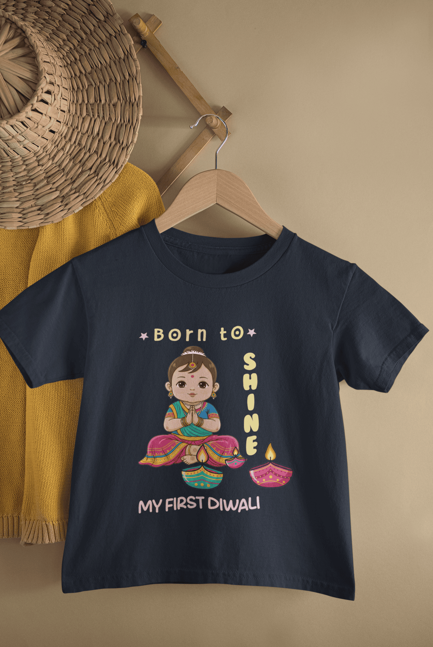 Born To Shine My First Diwali Half Sleeves T-Shirt For Girls -FunkyTeesClub