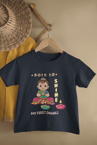 Born To Shine My First Diwali Half Sleeves T-Shirt For Girls -FunkyTeesClub