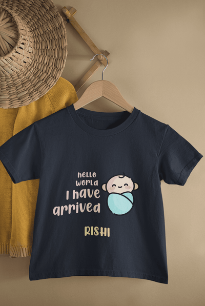 Custom Name Hello World I Have Arrived New Born Half Sleeves T-Shirt for Boys -FunkyTeesClub