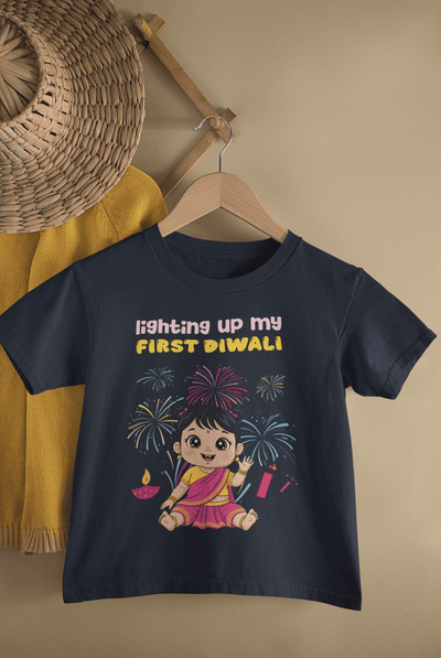 Lighting Up My First Diwali Half Sleeves T-Shirt For Girls -FunkyTeesClub