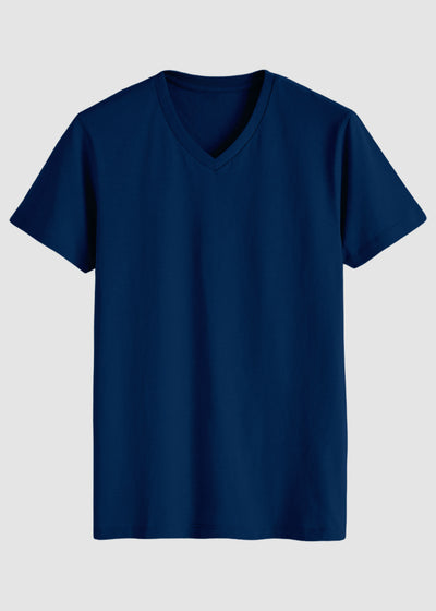 Navy blue t-shirt on a light gray background