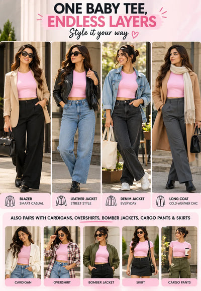 Baby tee layering style guide collage with outfit photos