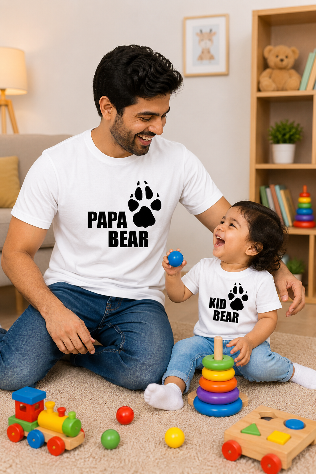 Man and child sitting on the floor with 'Papa Bear' and 'Kid Bear' shirts, surrounded by toys.