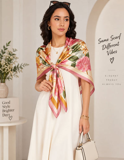 Personalized floral custom scarf worn as a shoulder wrap over a white dress