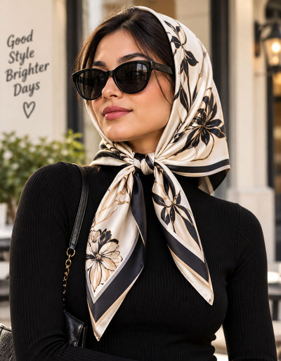 Personalized floral scarf worn as a head scarf with sunglasses and black outfit