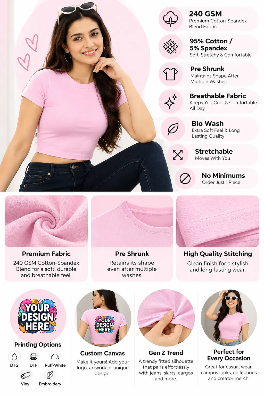 Custom baby tee product info infographic with fabric and print details