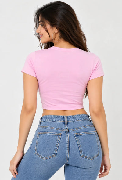 Pink fitted crop baby tee, back view