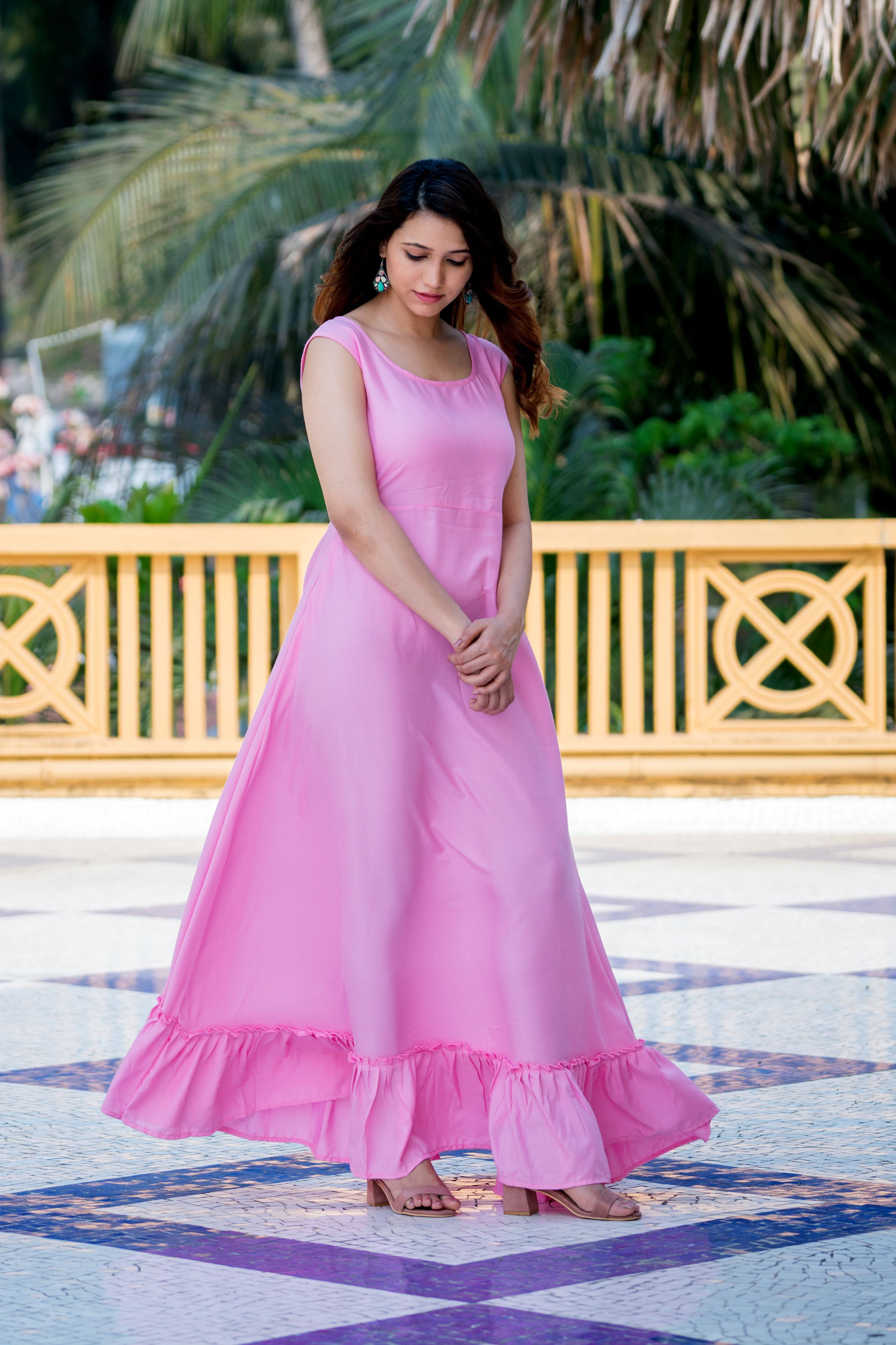 Pink Floral Party Wear Maxi Dress With Shrugs- FunkyTeesClub