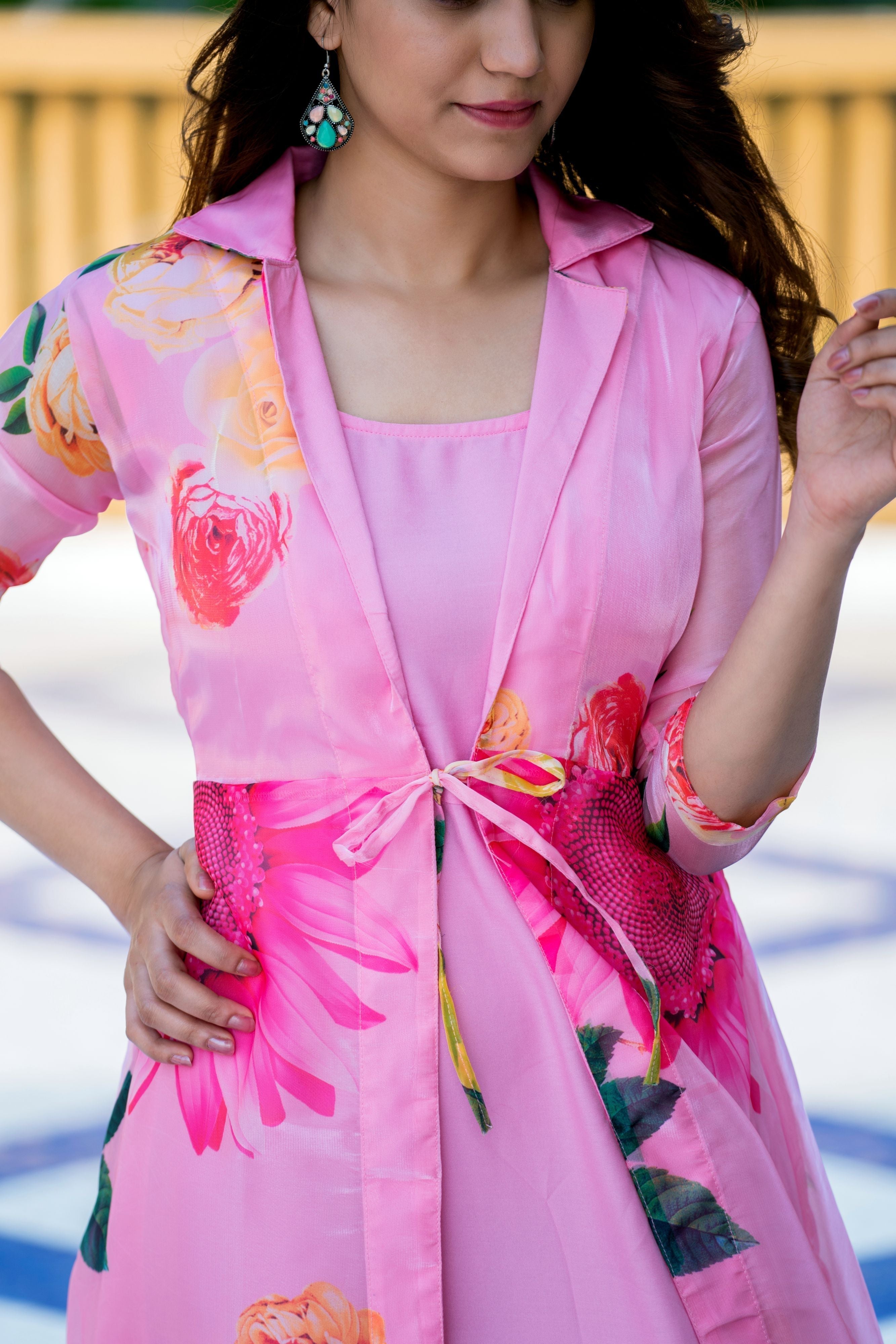 Sexy Pink Floral Party Wear Maxi Dress With Shrugs- FunkyTeesClub