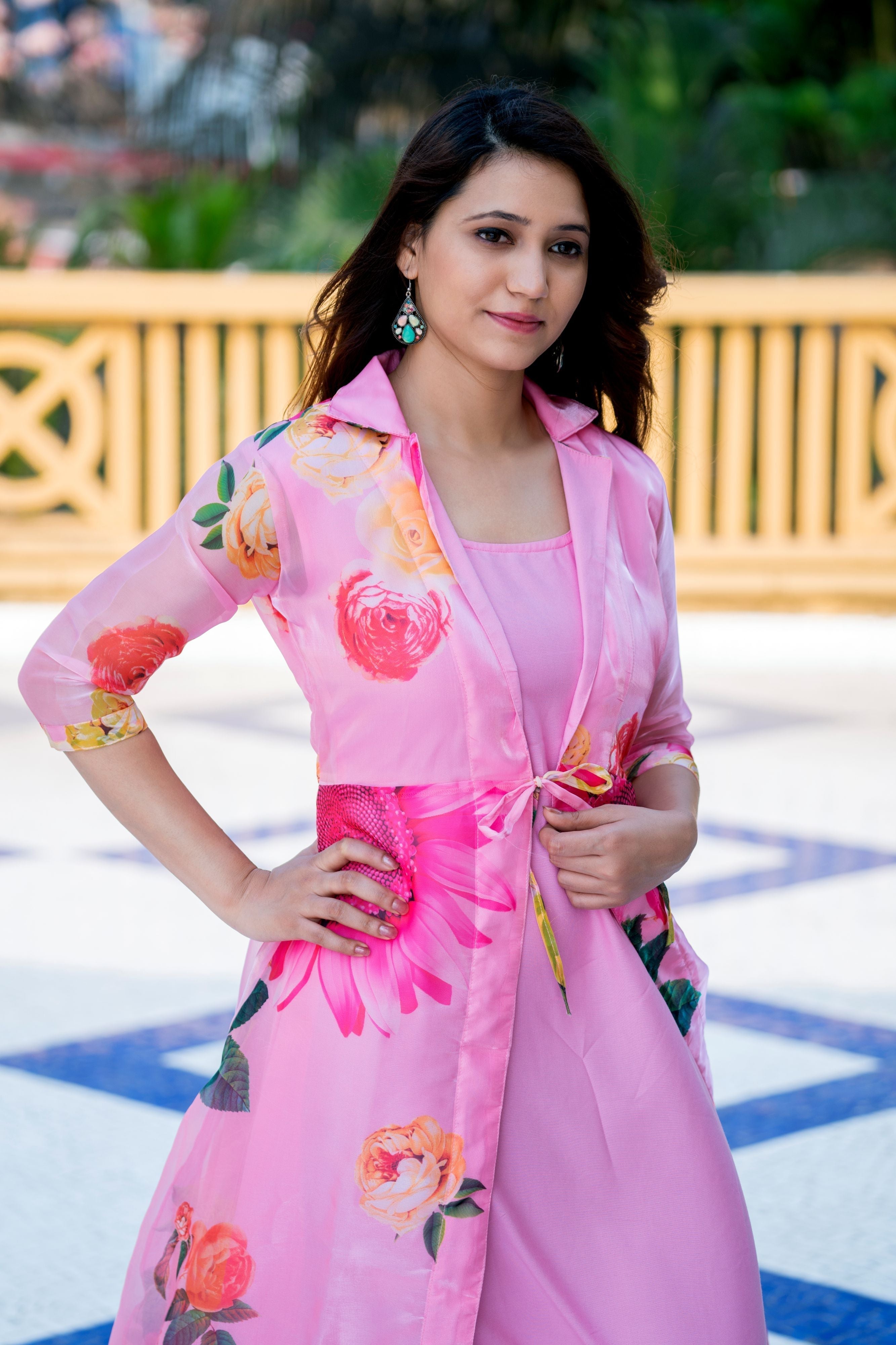 Pink Floral Party Wear Maxi Dress With Shrugs- FunkyTeesClub