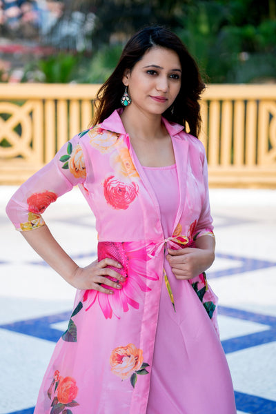 Pink Floral Party Wear Maxi Dress With Shrugs- FunkyTeesClub