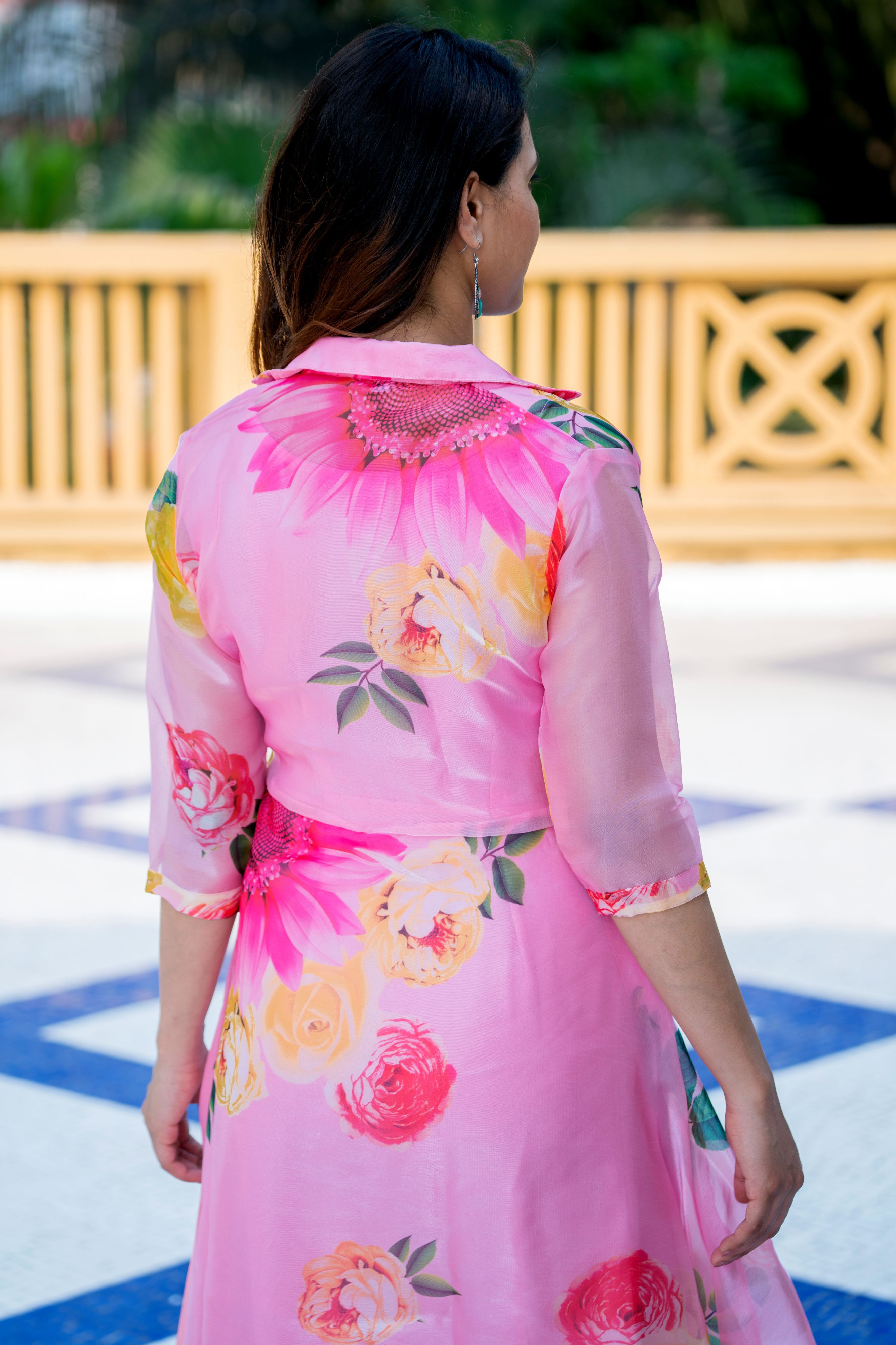 Pink Floral Party Wear Maxi Dress With Shrugs- FunkyTeesClub