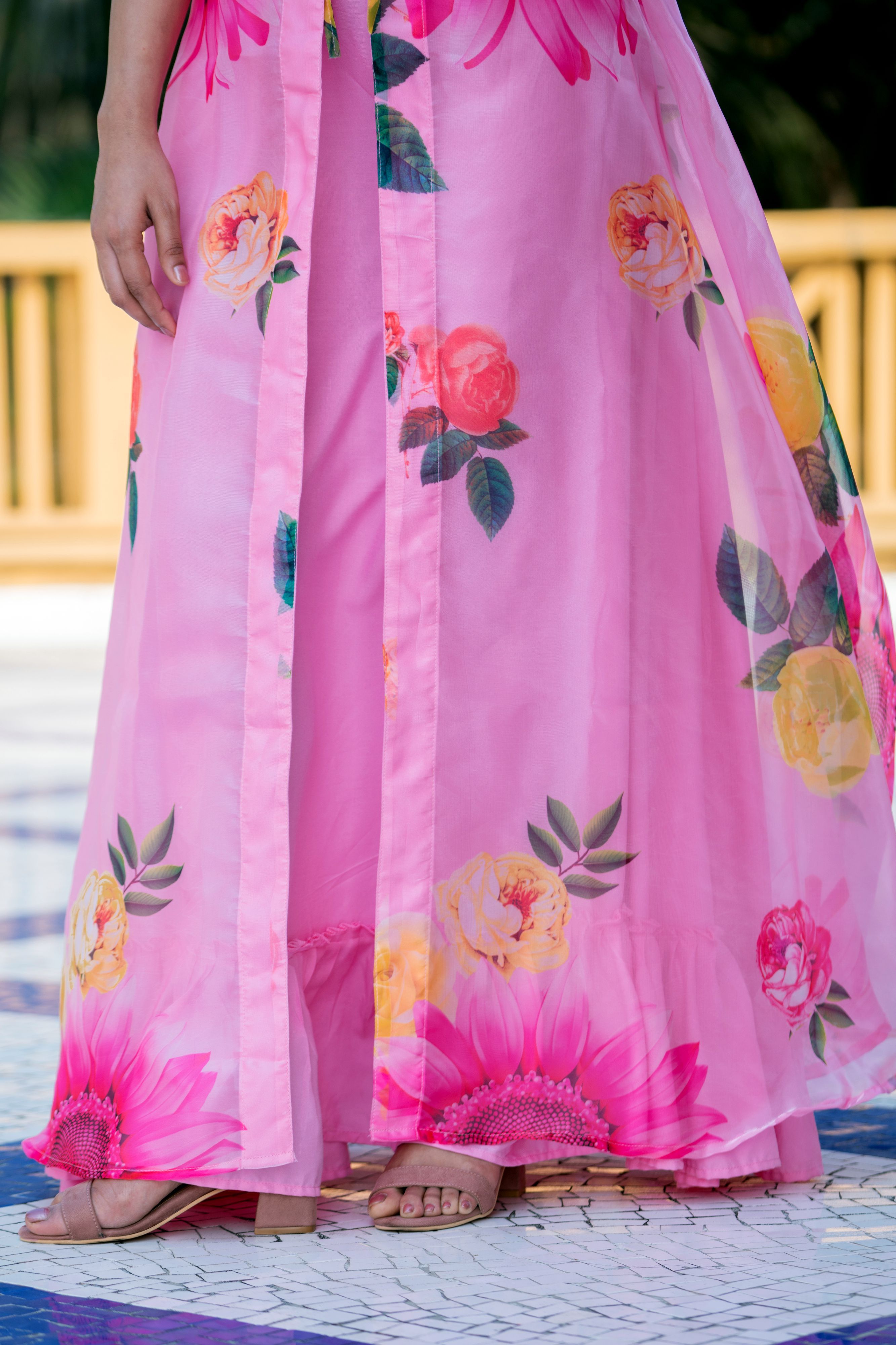Sexy Pink Floral Party Wear Maxi Dress With Shrugs- FunkyTeesClub