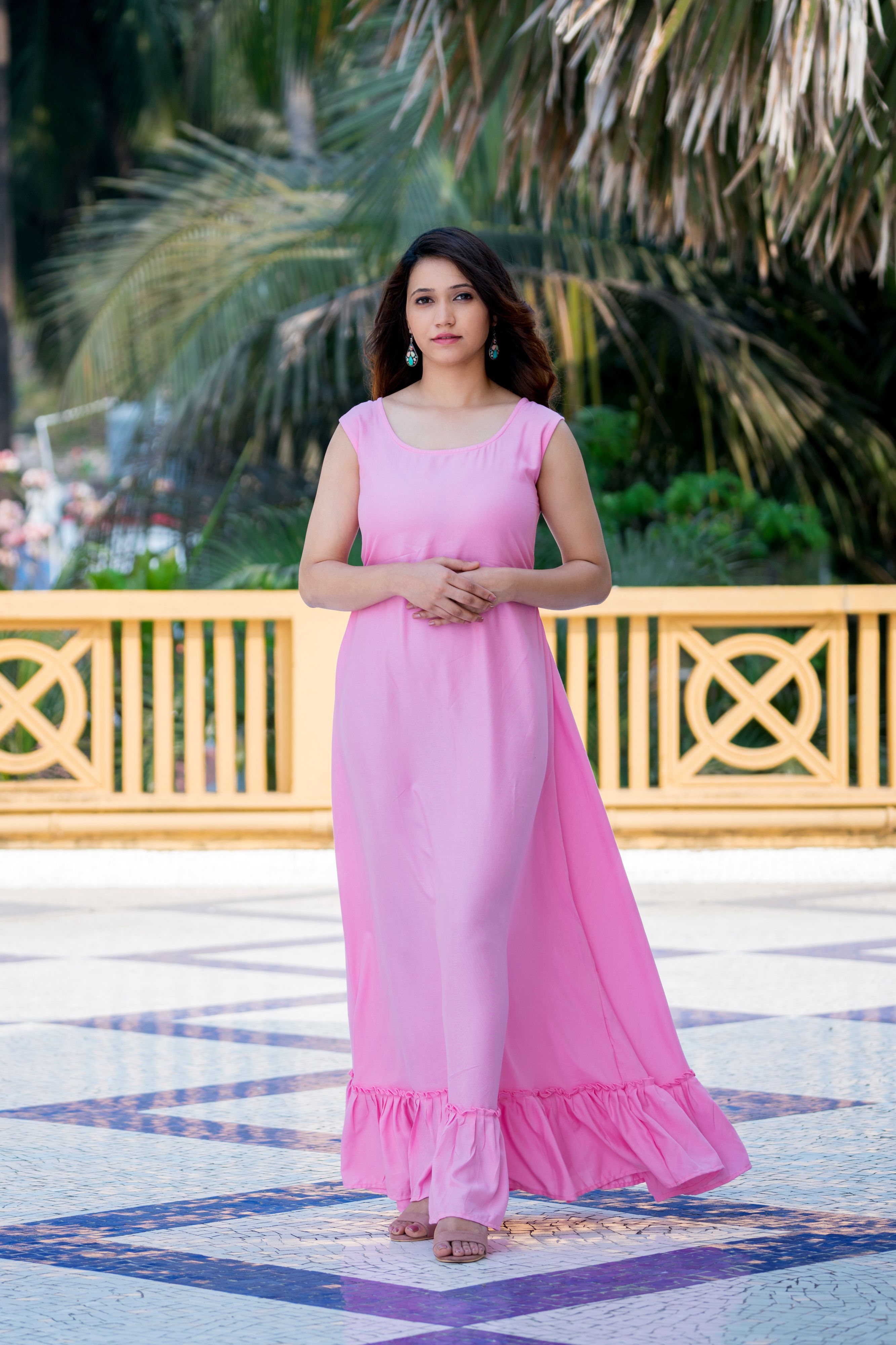 Sexy Pink Floral Party Wear Maxi Dress With Shrugs- FunkyTeesClub