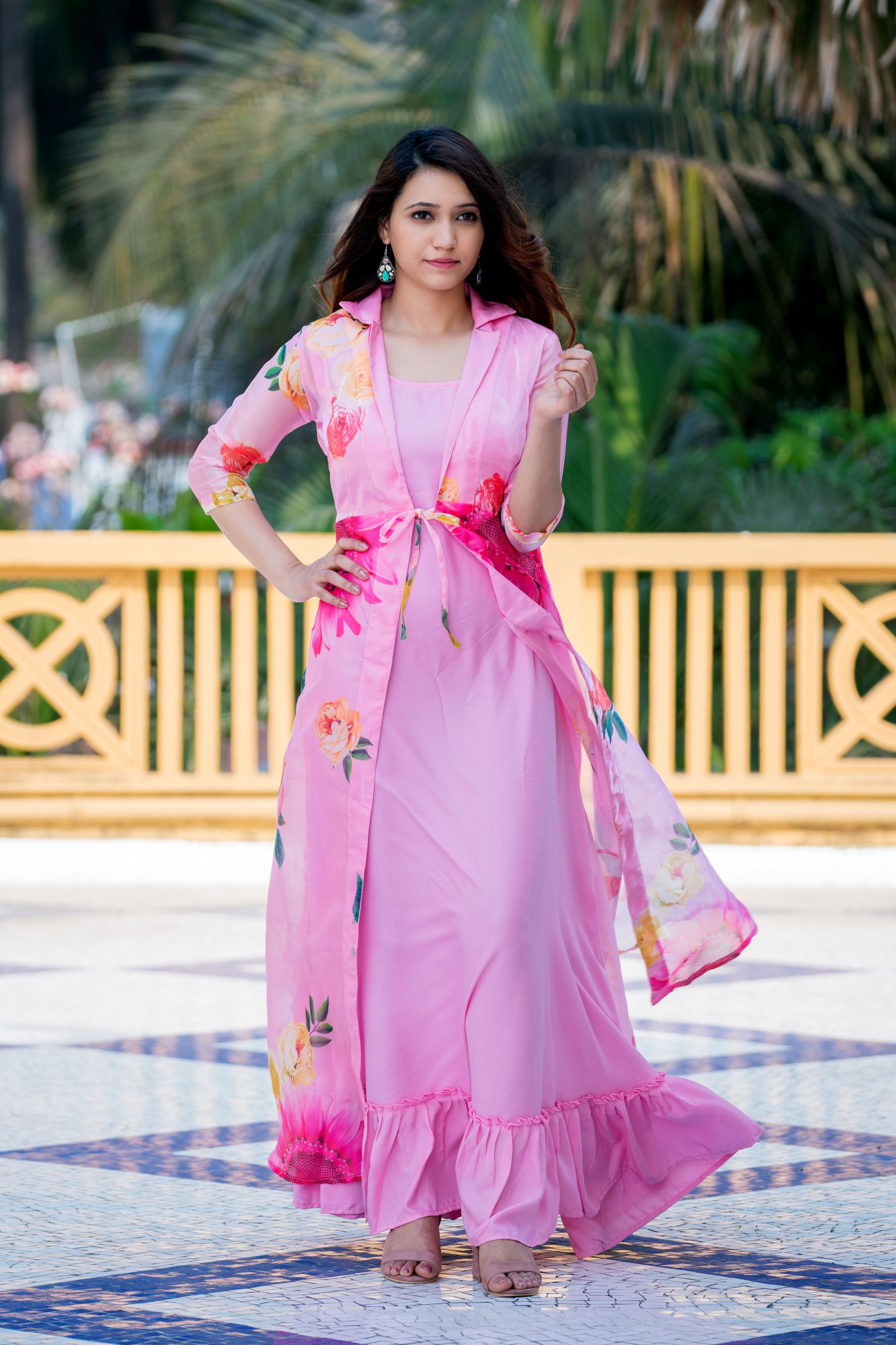 Pink Floral Party Wear Maxi Dress With Shrugs- FunkyTeesClub