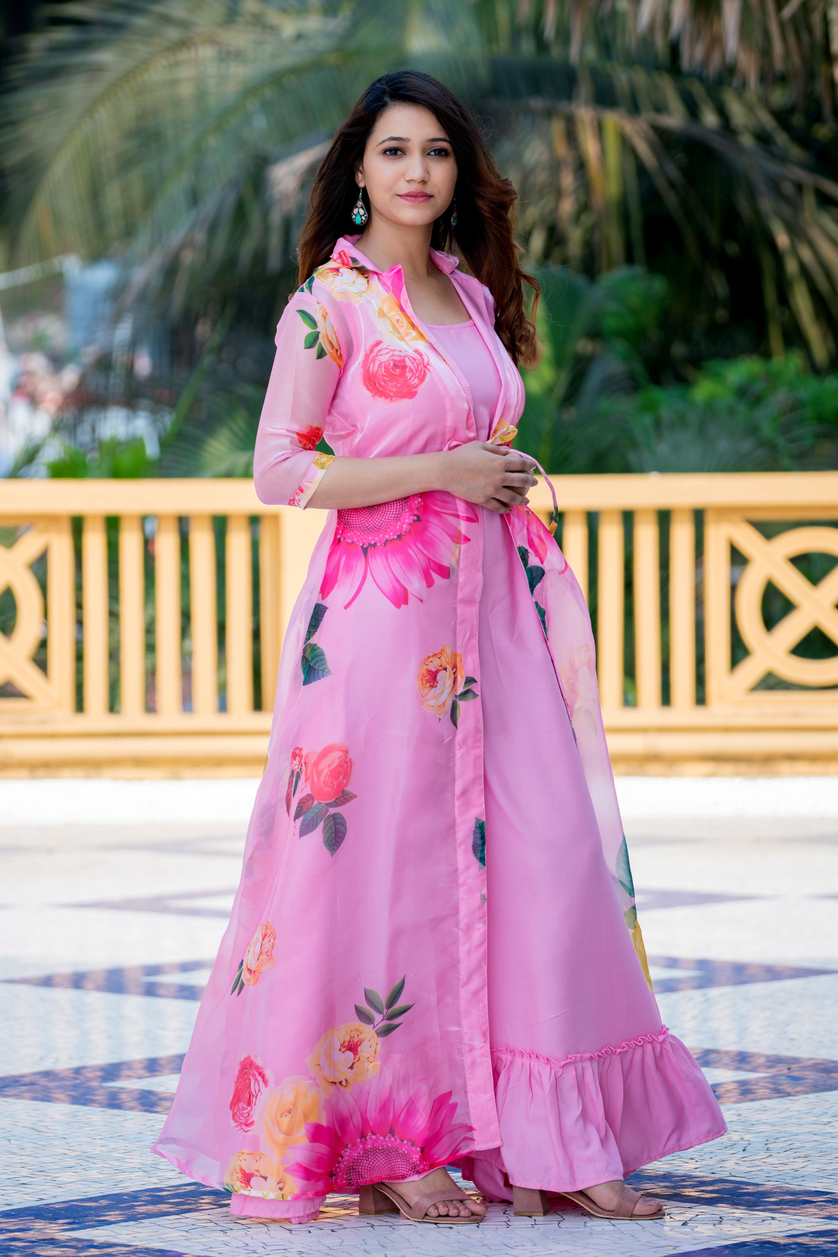Sexy Pink Floral Party Wear Maxi Dress With Shrugs- FunkyTeesClub